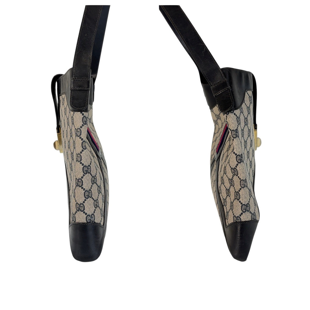 13531
GUCCI グッチ ヴィンテージ オールドグッチ シェリーライン ネイビー グレー ゴールド金具 GGスプリームキャンバス / レザー ホーボー ショルダーバッグ  レディース