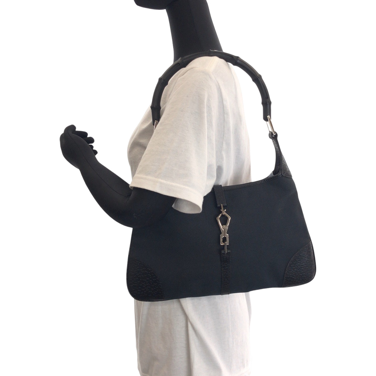 13535
GUCCI グッチ バンブー ジャッキー ブラック 黒 シルバー金具 キャンバス / レザー ショルダーバック ハンドバッグ  レディース