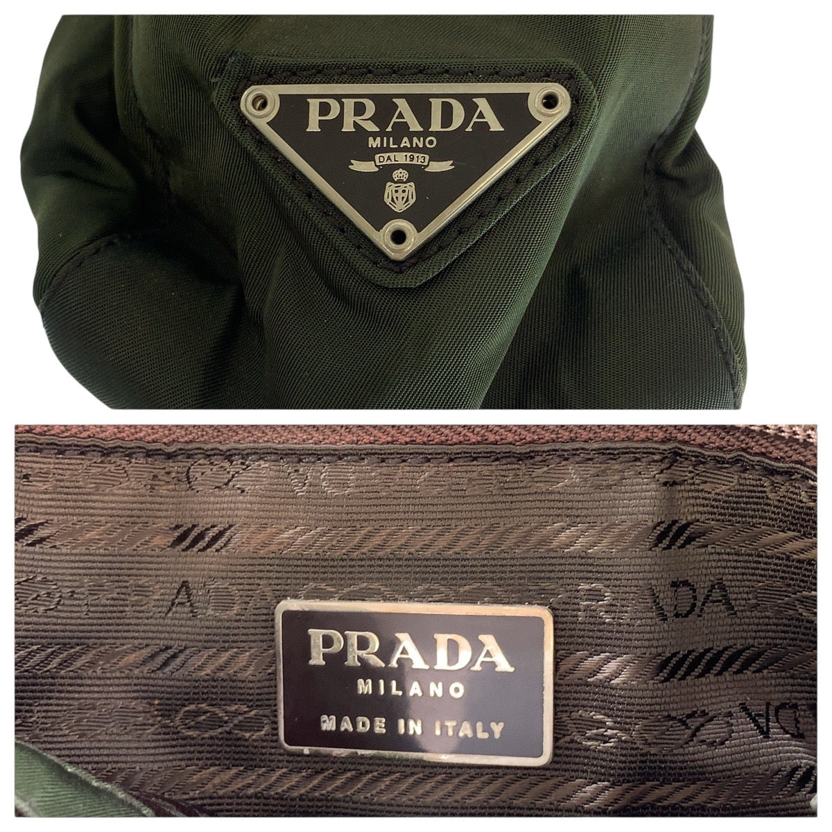 13548
PRADA プラダ テスート 三角ロゴプレート カーキ ブラウン シルバー金具 ナイロン / レザー / プラスチック トートバッグ ショルダーバッグ  レディース