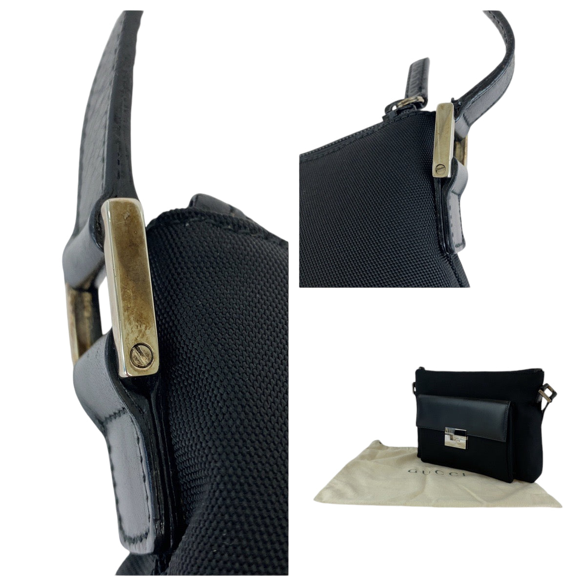 13557
GUCCI グッチ 男女兼用 ブラック 黒 シルバー金具 キャンバス / レザー ワンショルダーバッグ ポシェット  メンズ