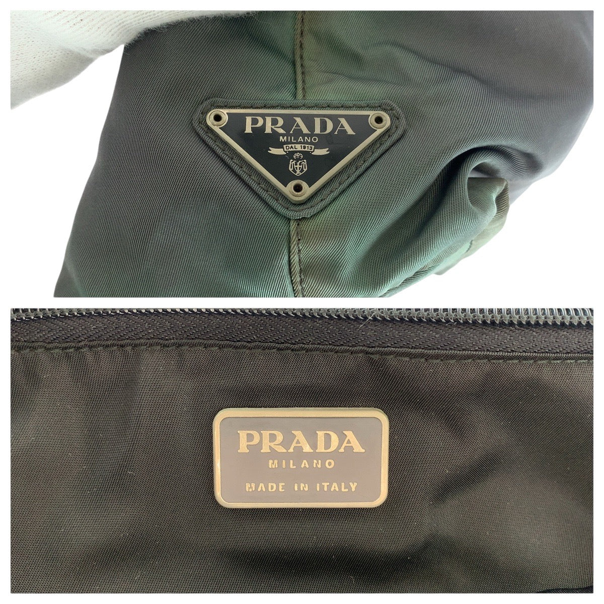 13556
 PRADA Prada Tessuto Triangle Logo Plate Reversible Khaki Black Nylon/Plastic Tote Bag Handbag for Women