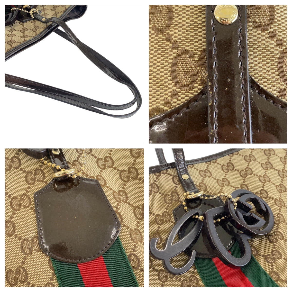 GUCCI グッチ シェリーライン ベージュ ブラウン ゴールド金具 GGキャンバス / パテントレザー 211971 トートバッグ ショルダーバッグ  レディース
