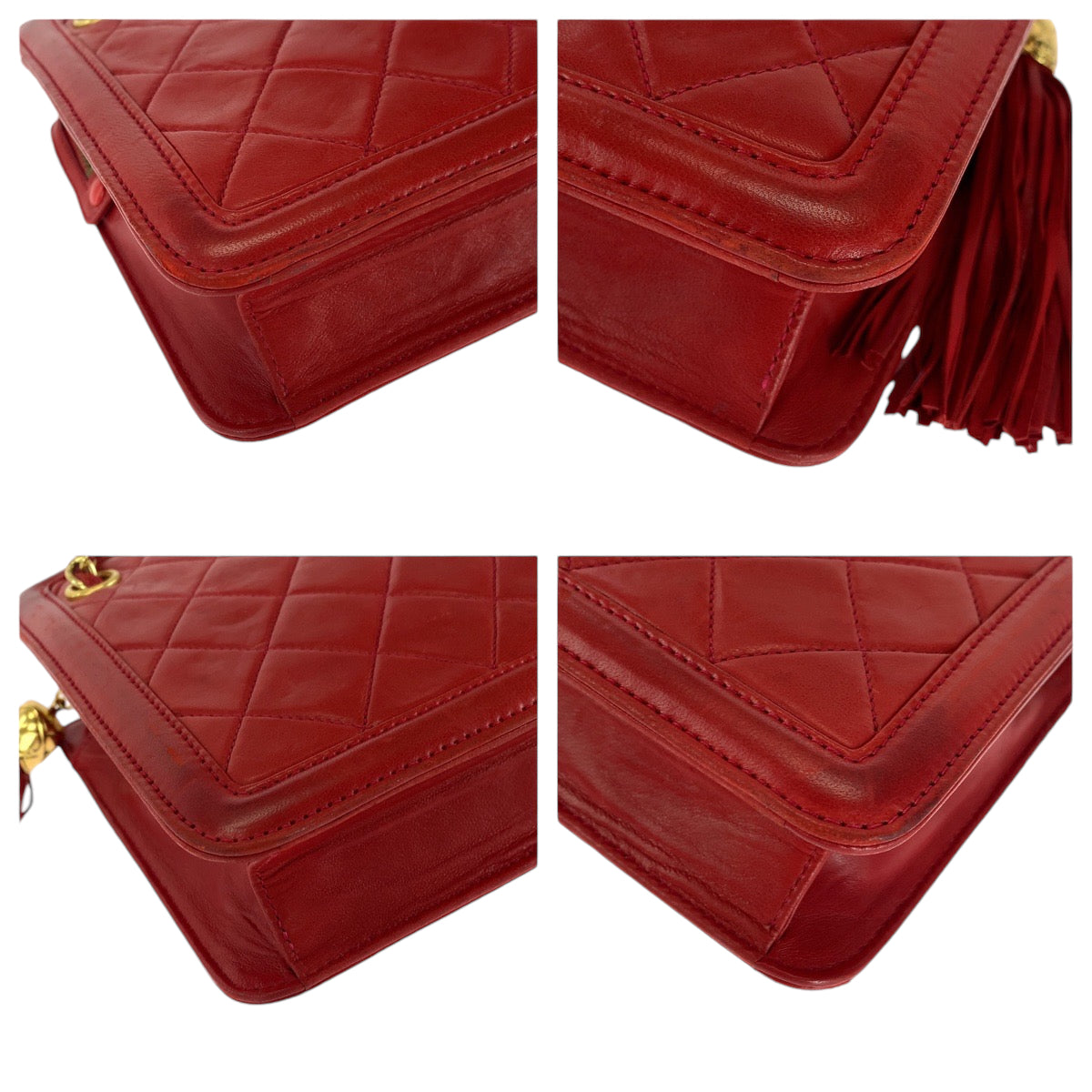 13565
CHANEL シャネル ヴィンテージ マトラッセ ココマーク フリンジ レッド ゴールド金具 ラムスキン チェーンショルダーバッグ 肩掛け  レディース