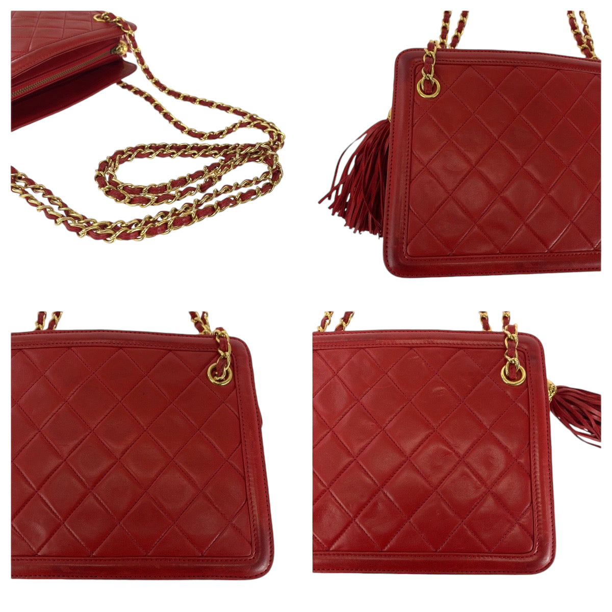 13565
CHANEL シャネル ヴィンテージ マトラッセ ココマーク フリンジ レッド ゴールド金具 ラムスキン チェーンショルダーバッグ 肩掛け  レディース