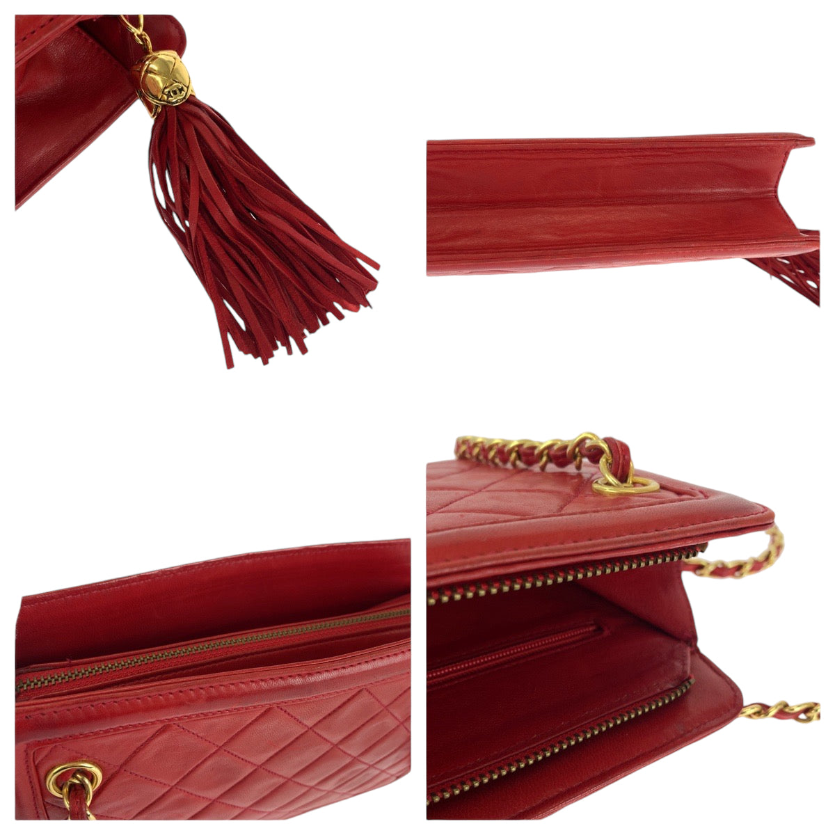 13565
CHANEL シャネル ヴィンテージ マトラッセ ココマーク フリンジ レッド ゴールド金具 ラムスキン チェーンショルダーバッグ 肩掛け  レディース