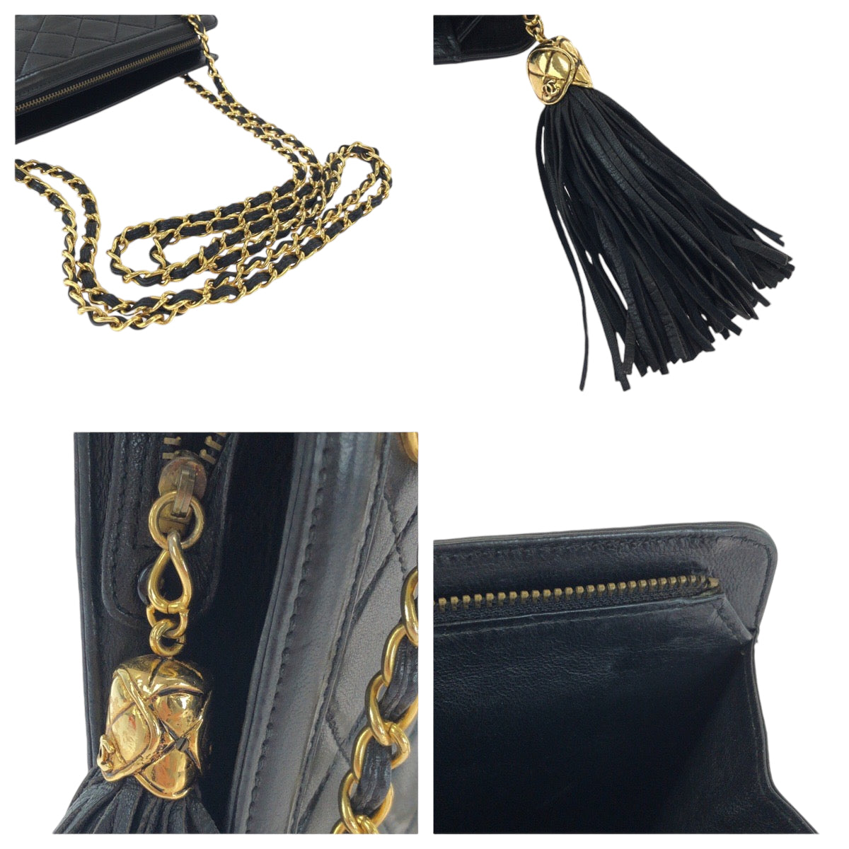 13566
CHANEL シャネル ヴィンテージ マトラッセ フリンジ タッセル ブラック 黒 ゴールド金具 ラムスキン チェーンショルダーバッグ 肩掛け  レディース