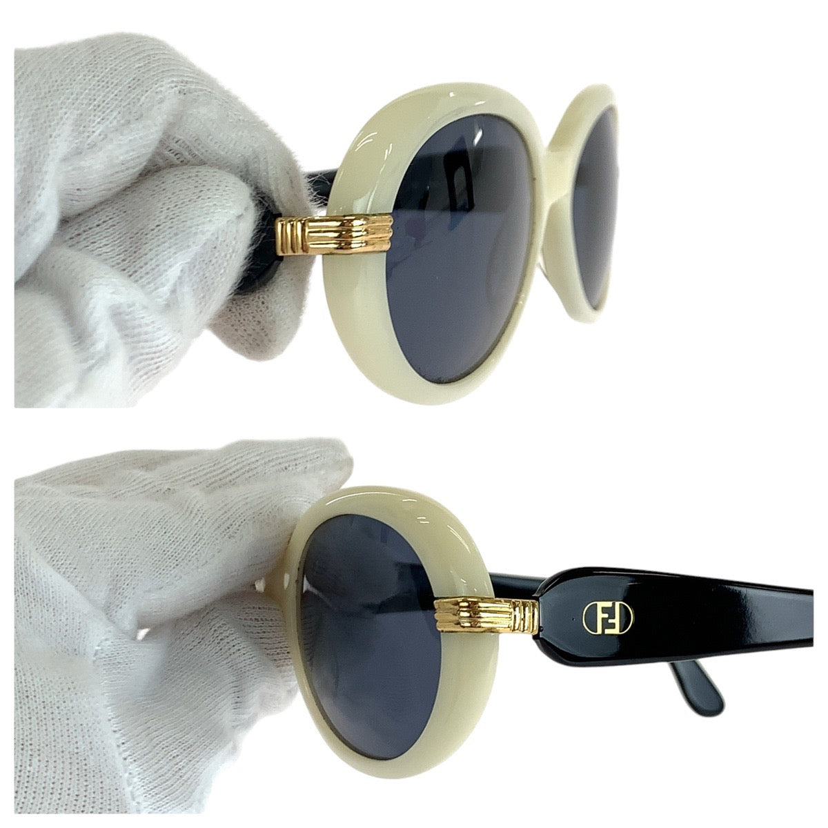 FENDI フェンディ ヴィンテージ ホワイト ブラック ゴールド金具 プラスチック FS 203 55◻︎18 col. 105 サングラス 男女兼用 オーバル  レディース