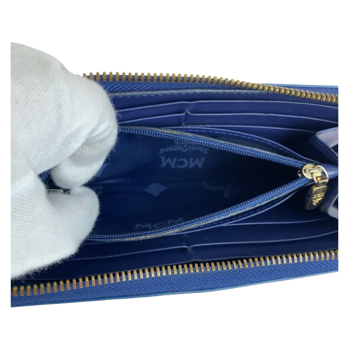 13587
MCM エム シー エム スタッズ ブルー ゴールド金具 レザー 長財布 ロングウォレット  レディース