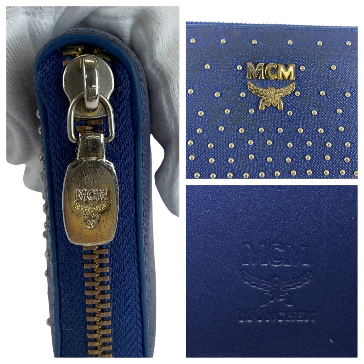 13587
MCM エム シー エム スタッズ ブルー ゴールド金具 レザー 長財布 ロングウォレット  レディース