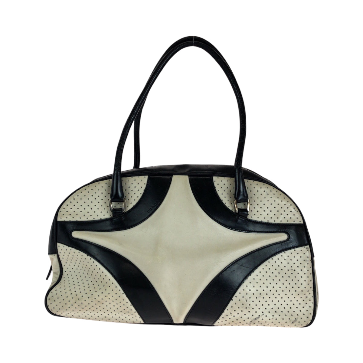 14158
PRADA プラダ ロゴ ホワイト ブラック シルバー金具 レザー ボストンバッグ ボーリングバッグ  レディース