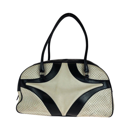 14158
PRADA プラダ ロゴ ホワイト ブラック シルバー金具 レザー ボストンバッグ ボーリングバッグ  レディース