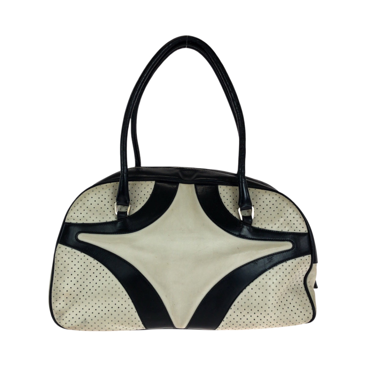 14158
PRADA プラダ ロゴ ホワイト ブラック シルバー金具 レザー ボストンバッグ ボーリングバッグ  レディース