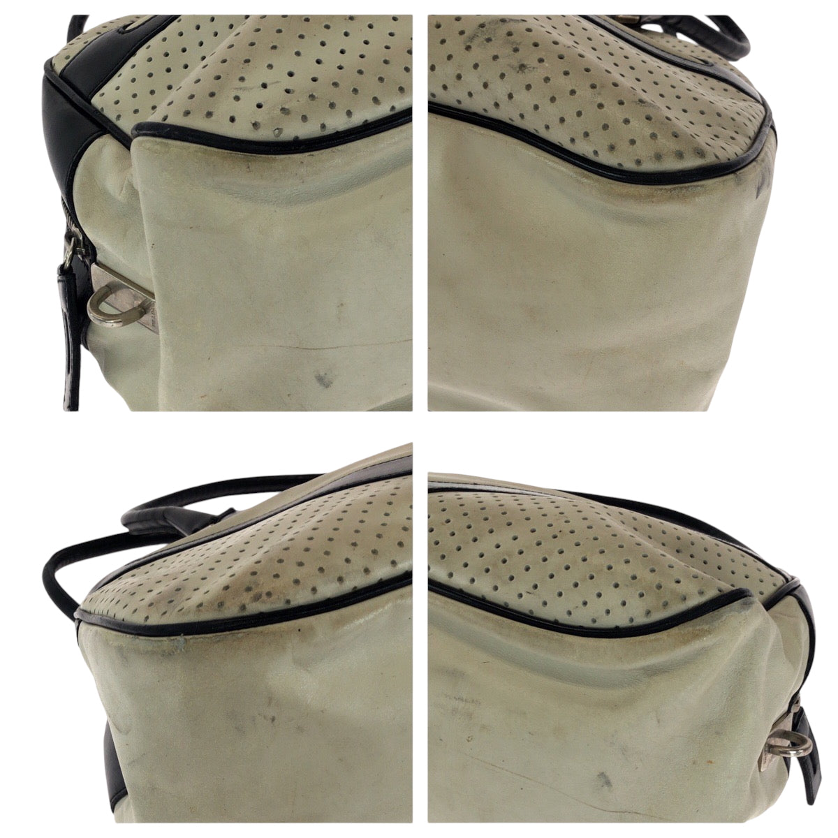 14158
PRADA プラダ ロゴ ホワイト ブラック シルバー金具 レザー ボストンバッグ ボーリングバッグ  レディース