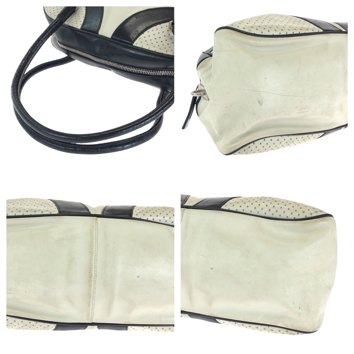 14158
PRADA プラダ ロゴ ホワイト ブラック シルバー金具 レザー ボストンバッグ ボーリングバッグ  レディース