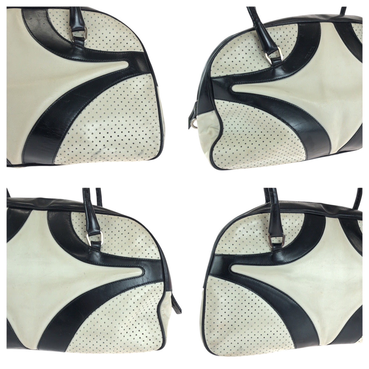 14158
PRADA プラダ ロゴ ホワイト ブラック シルバー金具 レザー ボストンバッグ ボーリングバッグ  レディース