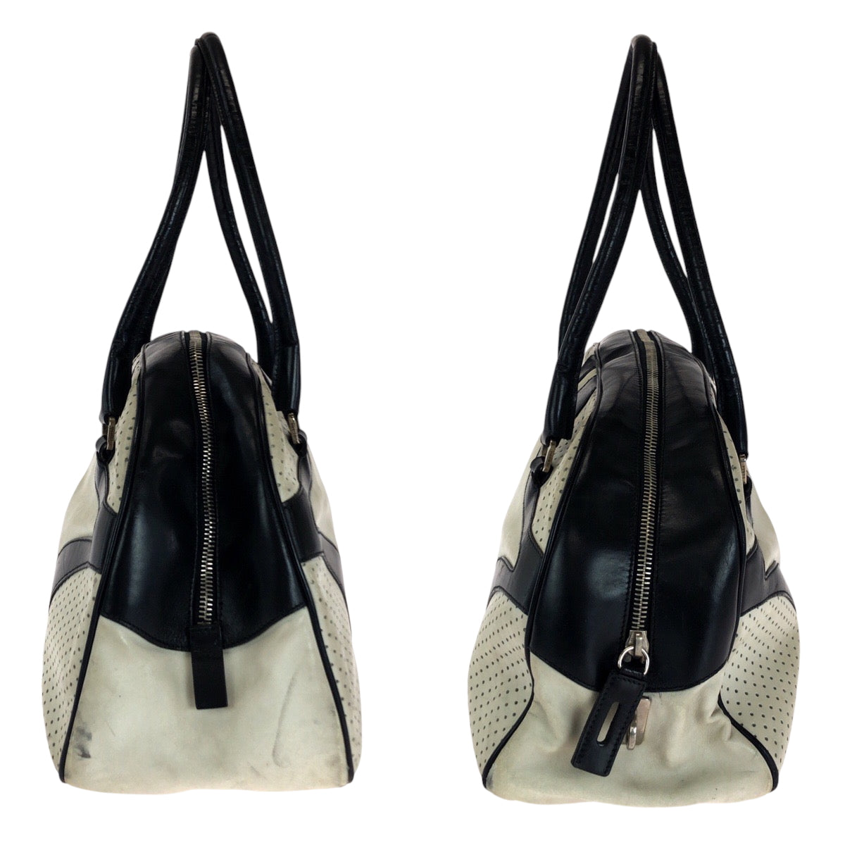 14158
PRADA プラダ ロゴ ホワイト ブラック シルバー金具 レザー ボストンバッグ ボーリングバッグ  レディース