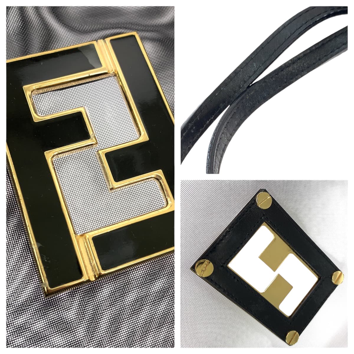 13614
FENDI フェンディ メッシュ ロゴ ブラック 黒 ゴールド金具 ポリエステル トートバッグ ハンドバッグ  レディース