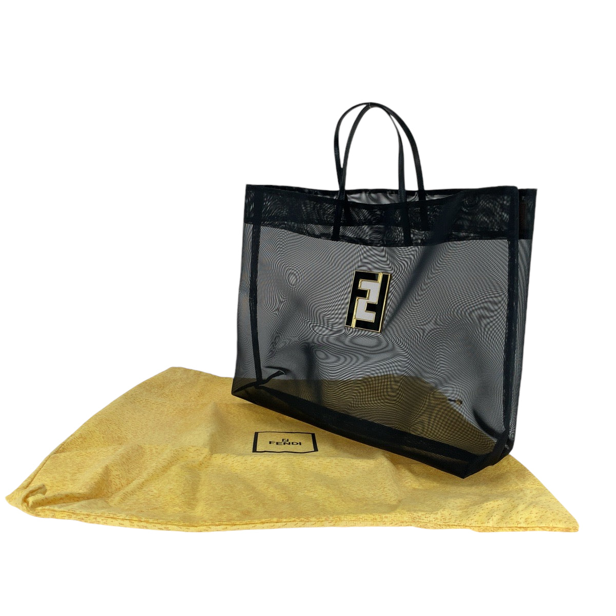 13614
FENDI フェンディ メッシュ ロゴ ブラック 黒 ゴールド金具 ポリエステル トートバッグ ハンドバッグ  レディース