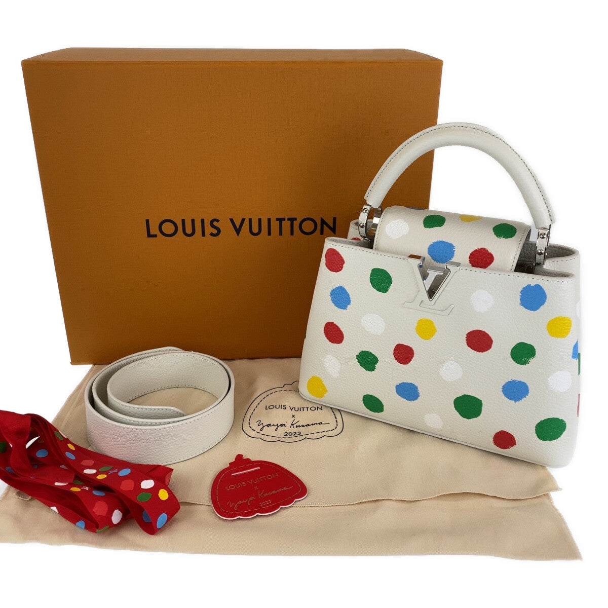 13628
 LOUIS VUITTON LV x YK Capucines BB Yayoi Kusama Painted Dots White Silver Hardware Leather M21637 Handbag Shoulder Bag 2way Women's