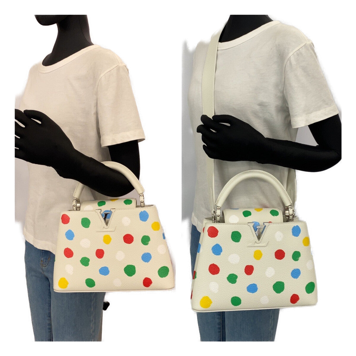 13628
 LOUIS VUITTON LV x YK Capucines BB Yayoi Kusama Painted Dots White Silver Hardware Leather M21637 Handbag Shoulder Bag 2way Women's