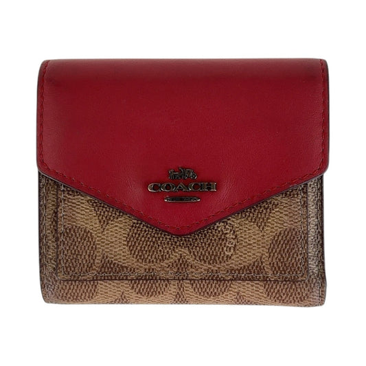 13634
COACH コーチ シグネチャー レッド ブラウン ガンメタ金具 PVC / レザー 折財布 コンパクトウォレット  レディース ABP5