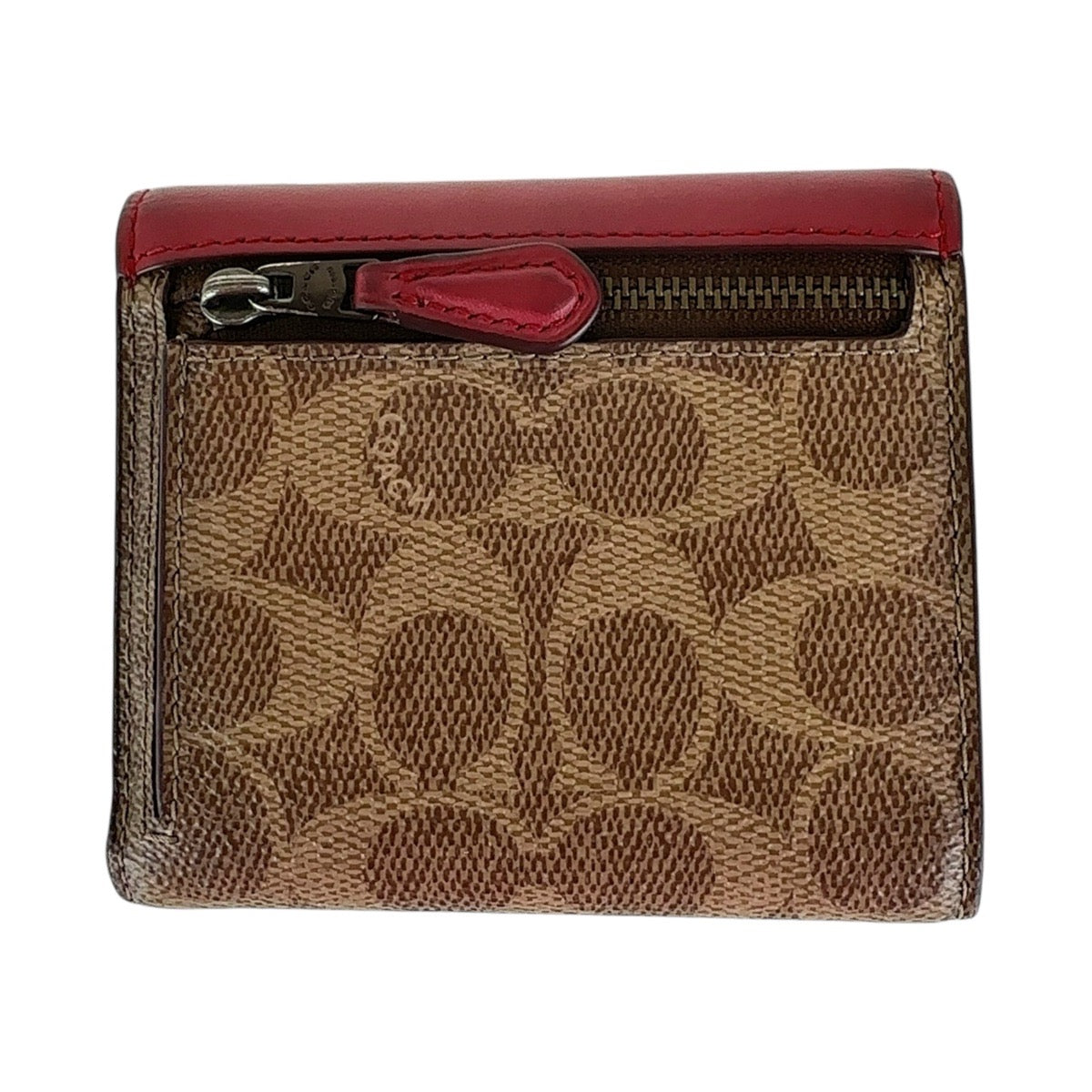 13634
COACH コーチ シグネチャー レッド ブラウン ガンメタ金具 PVC / レザー 折財布 コンパクトウォレット  レディース ABP5