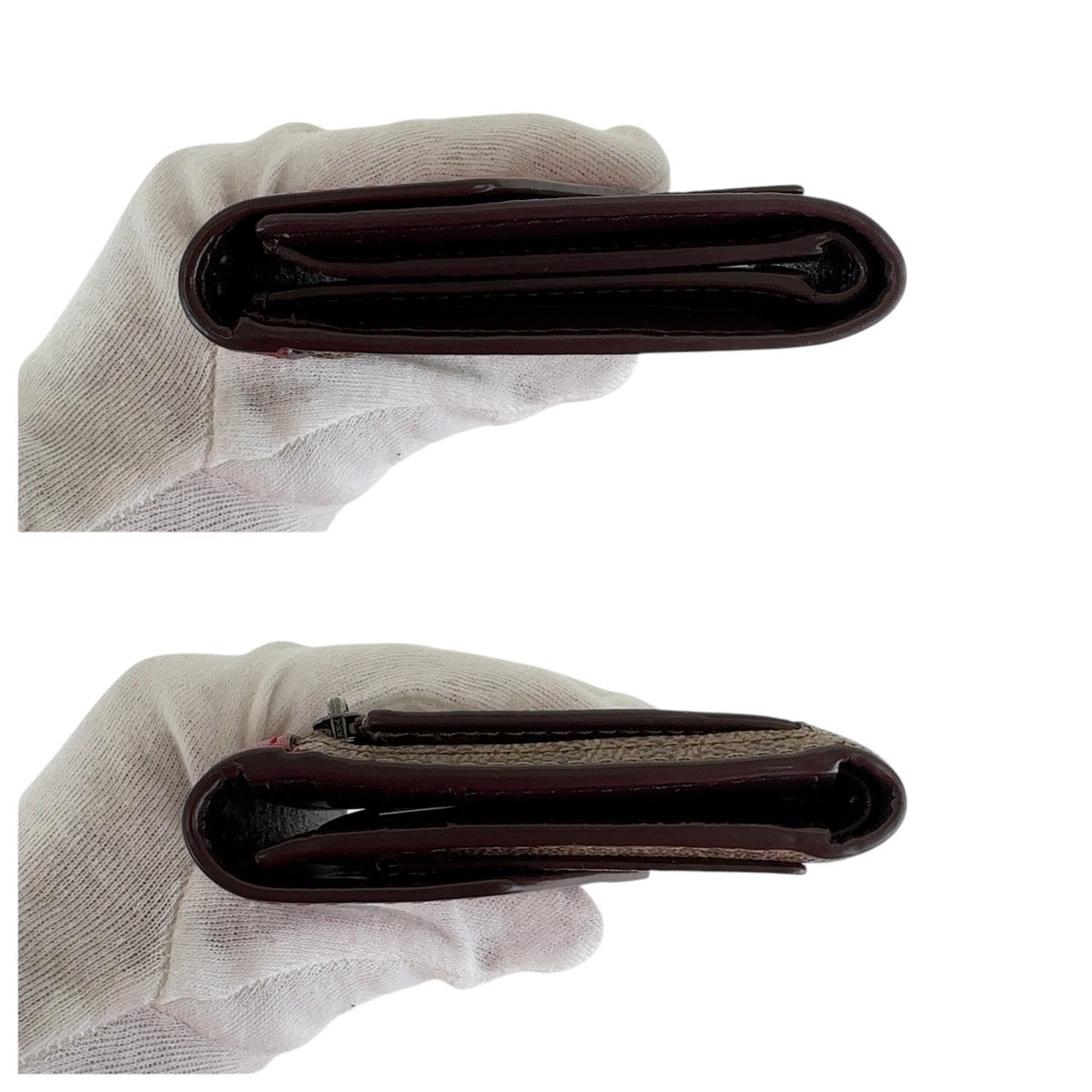 13634
COACH コーチ シグネチャー レッド ブラウン ガンメタ金具 PVC / レザー 折財布 コンパクトウォレット  レディース ABP5