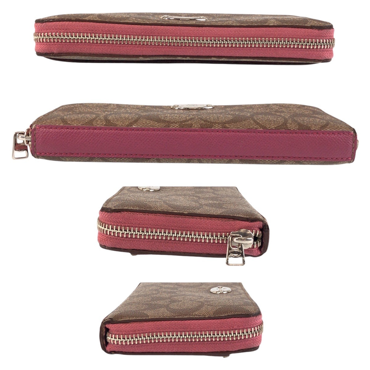 14165
COACH コーチ シグネチャー ブラウン ピンク シルバー金具 PVC 52682 長財布 ラウンドファスナー  レディース