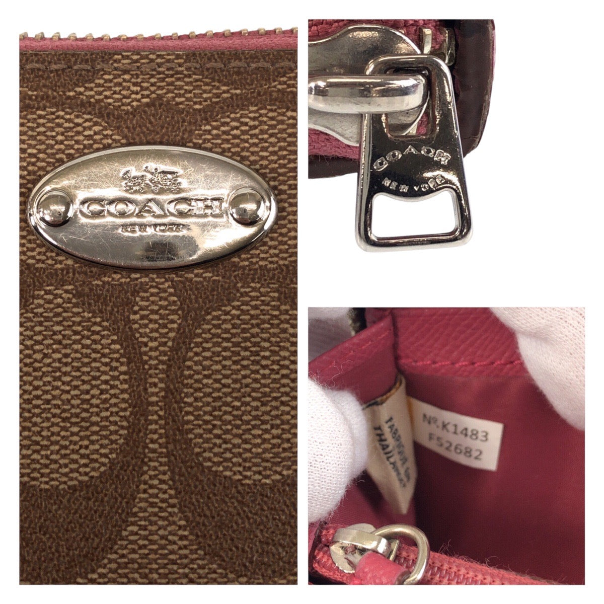 14165
COACH コーチ シグネチャー ブラウン ピンク シルバー金具 PVC 52682 長財布 ラウンドファスナー  レディース