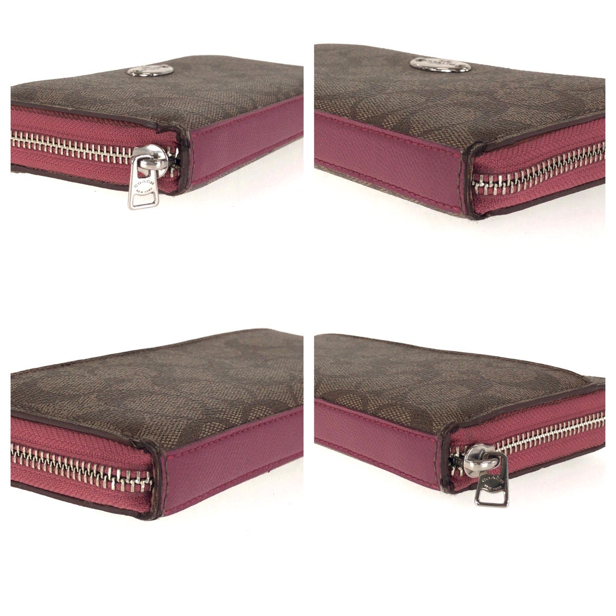 14165
COACH コーチ シグネチャー ブラウン ピンク シルバー金具 PVC 52682 長財布 ラウンドファスナー  レディース