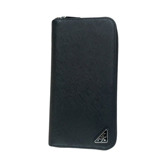 PRADA Prada Saffiano Triangle Logo Plate Black Silver Hardware Leather Long Wallet Men's