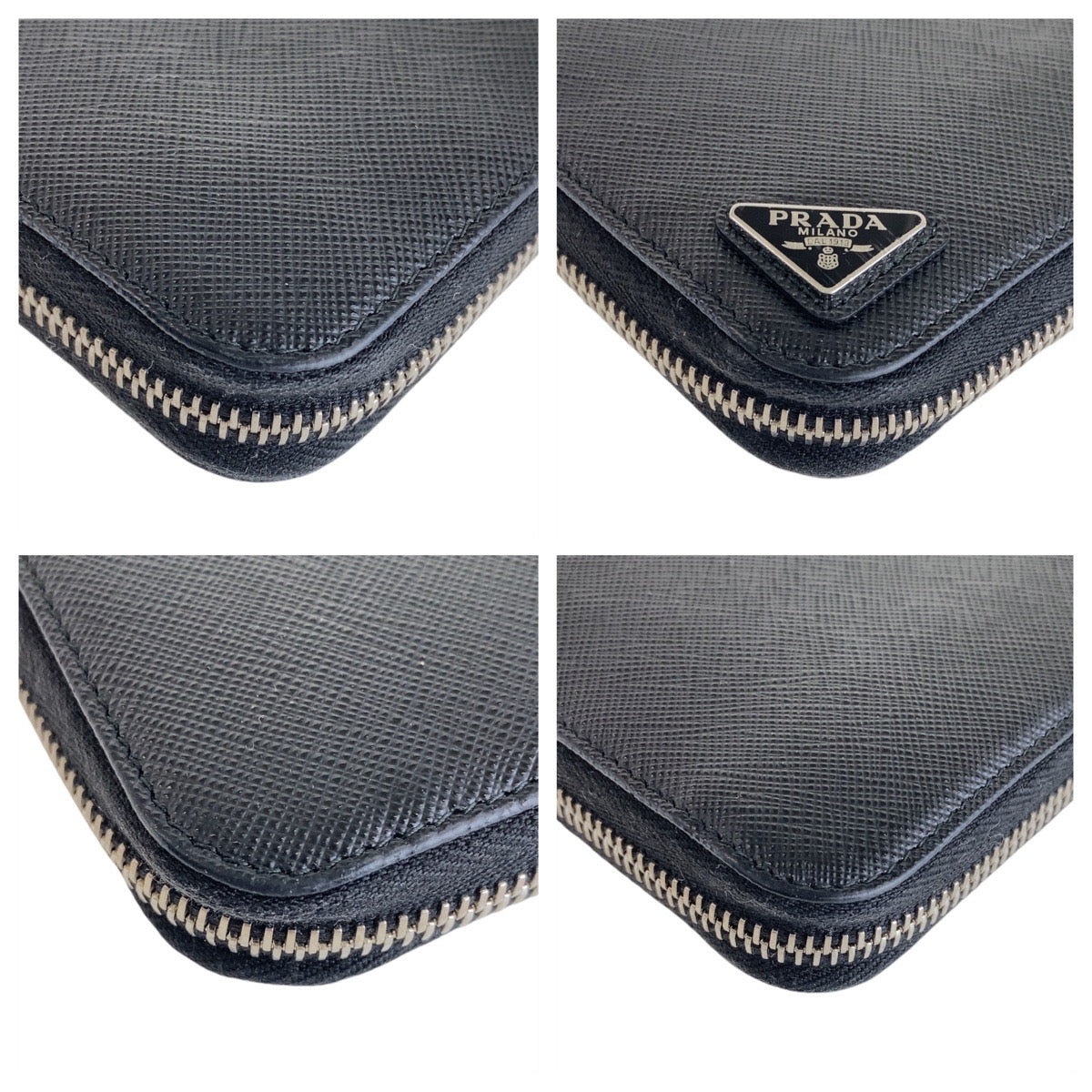 PRADA Prada Saffiano Triangle Logo Plate Black Silver Hardware Leather Long Wallet Men's