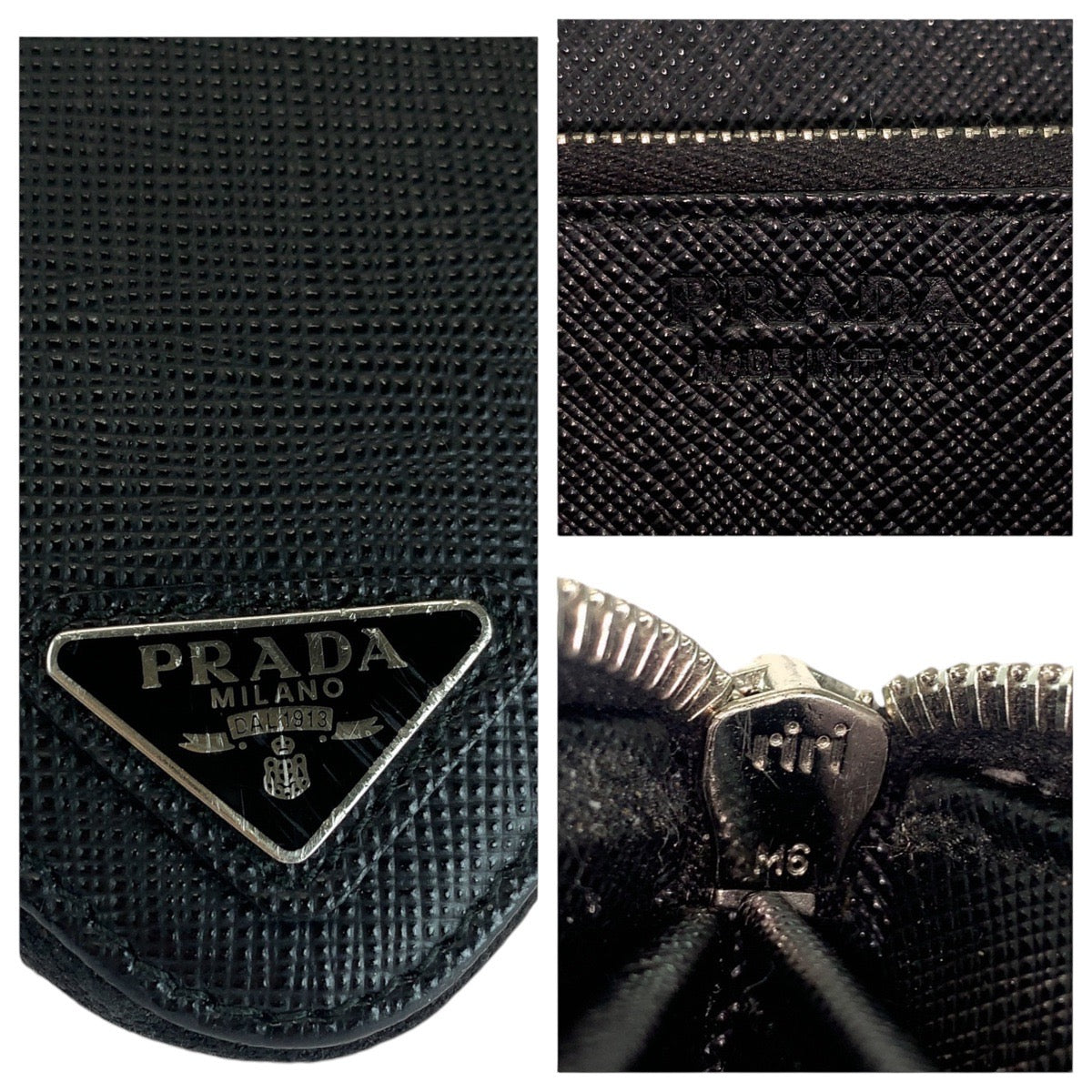 PRADA Prada Saffiano Triangle Logo Plate Black Silver Hardware Leather Long Wallet Men's