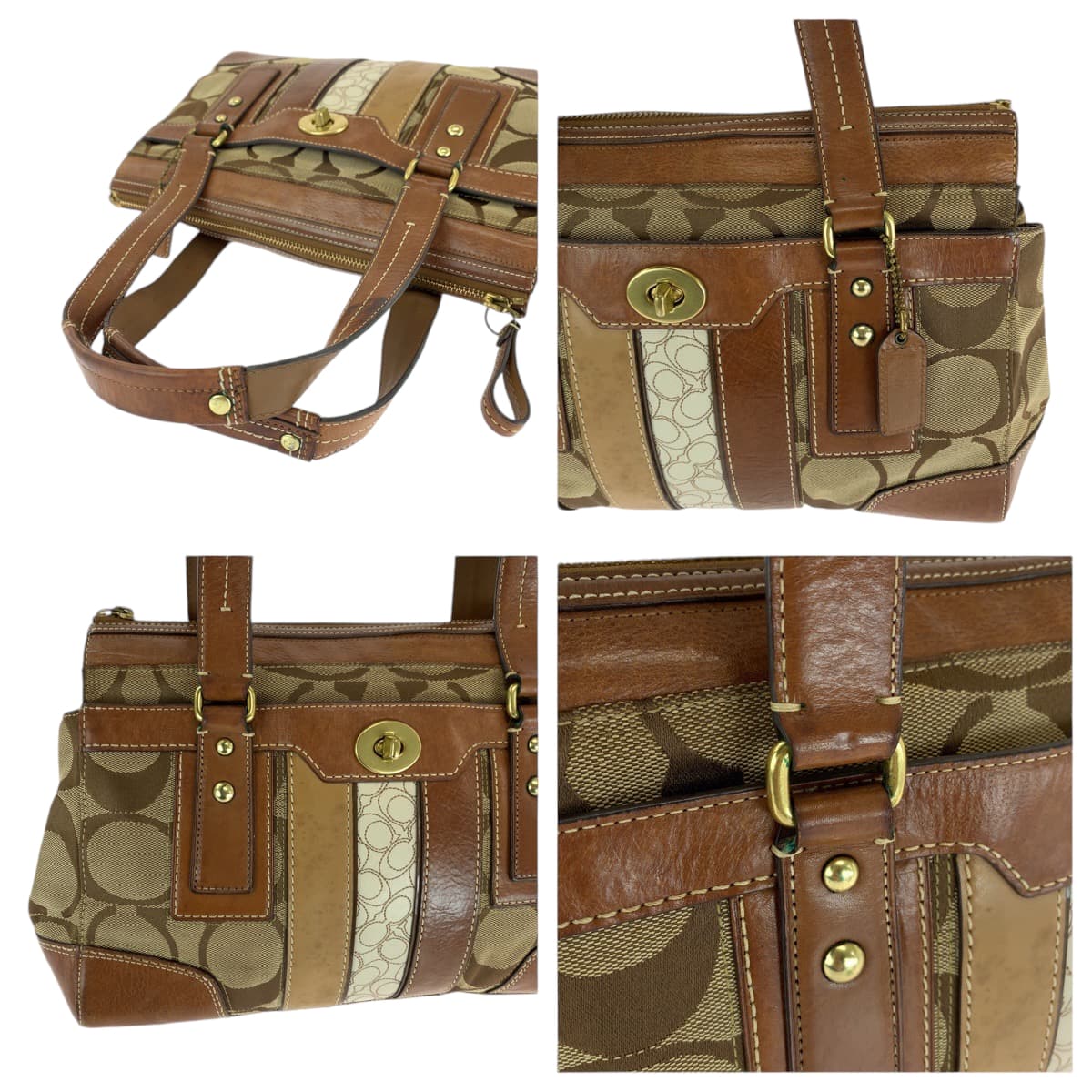 13639
COACH コーチ シグネチャー ブラウン ホワイト ゴールド金具 レザー / キャンバス 11071 ハンドバッグ  レディース