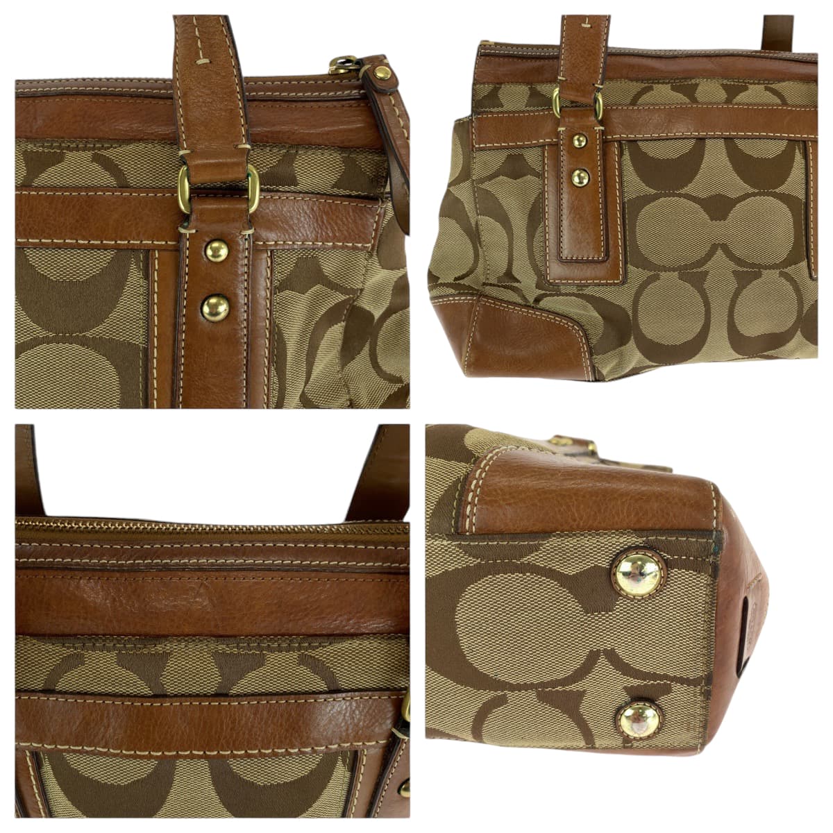 13639
COACH コーチ シグネチャー ブラウン ホワイト ゴールド金具 レザー / キャンバス 11071 ハンドバッグ  レディース