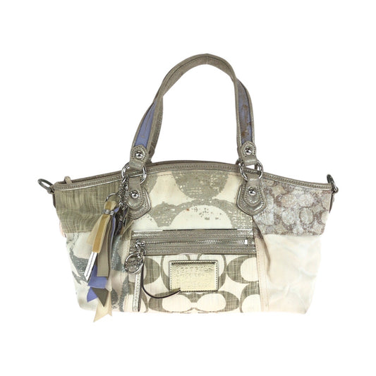13640
 COACH Signature Patchwork Ivory Silver Hardware Canvas Tote Bag Handbag for Women