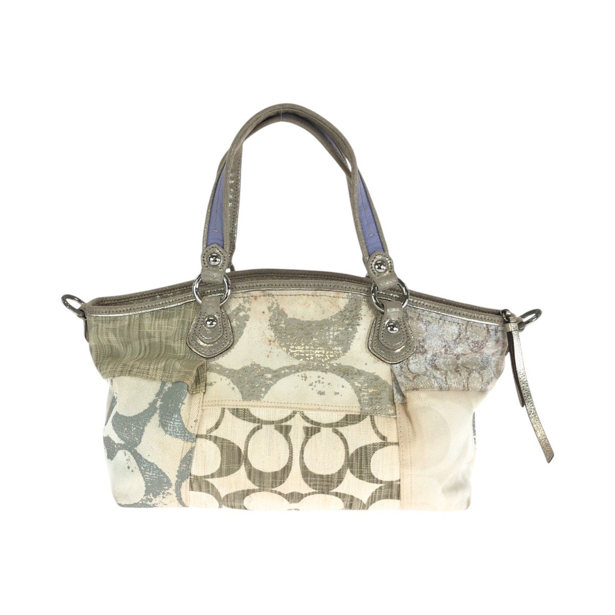 13640
 COACH Signature Patchwork Ivory Silver Hardware Canvas Tote Bag Handbag for Women
