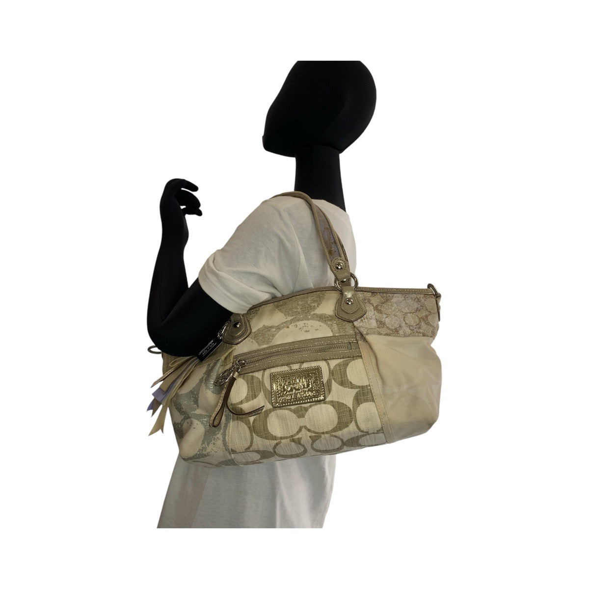 13640
 COACH Signature Patchwork Ivory Silver Hardware Canvas Tote Bag Handbag for Women