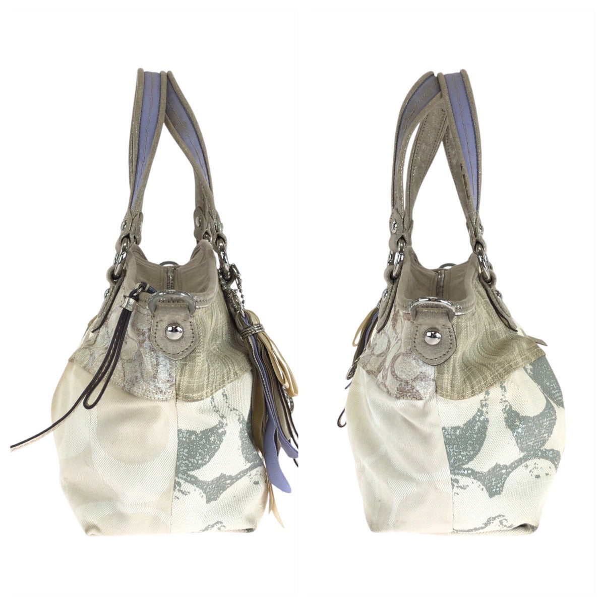 13640
 COACH Signature Patchwork Ivory Silver Hardware Canvas Tote Bag Handbag for Women