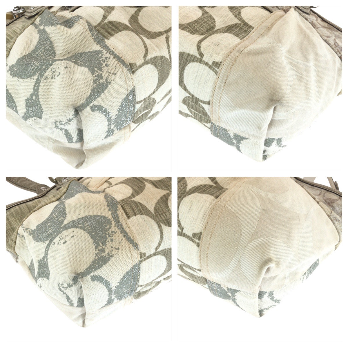 13640
 COACH Signature Patchwork Ivory Silver Hardware Canvas Tote Bag Handbag for Women