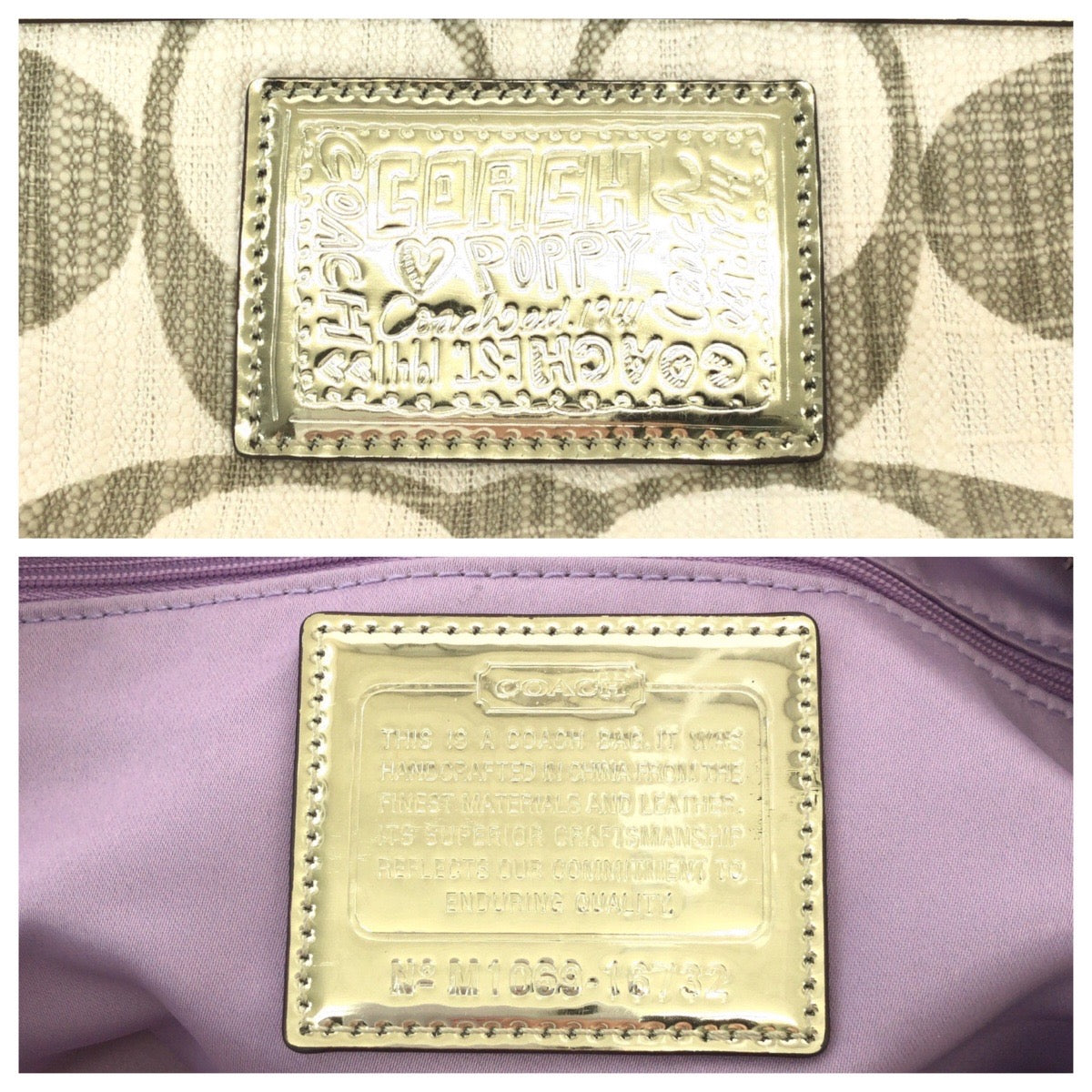 13640
 COACH Signature Patchwork Ivory Silver Hardware Canvas Tote Bag Handbag for Women