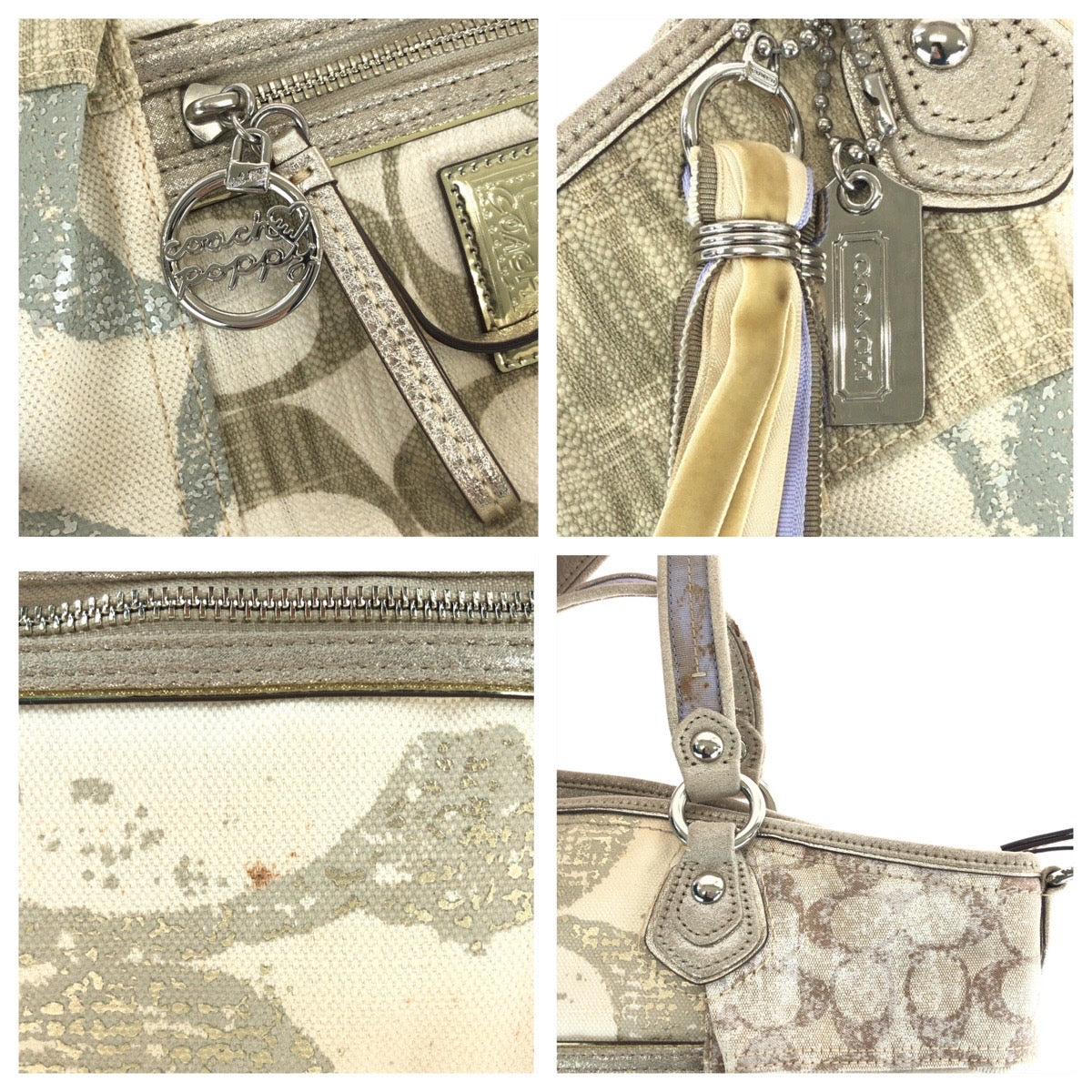 13640
 COACH Signature Patchwork Ivory Silver Hardware Canvas Tote Bag Handbag for Women