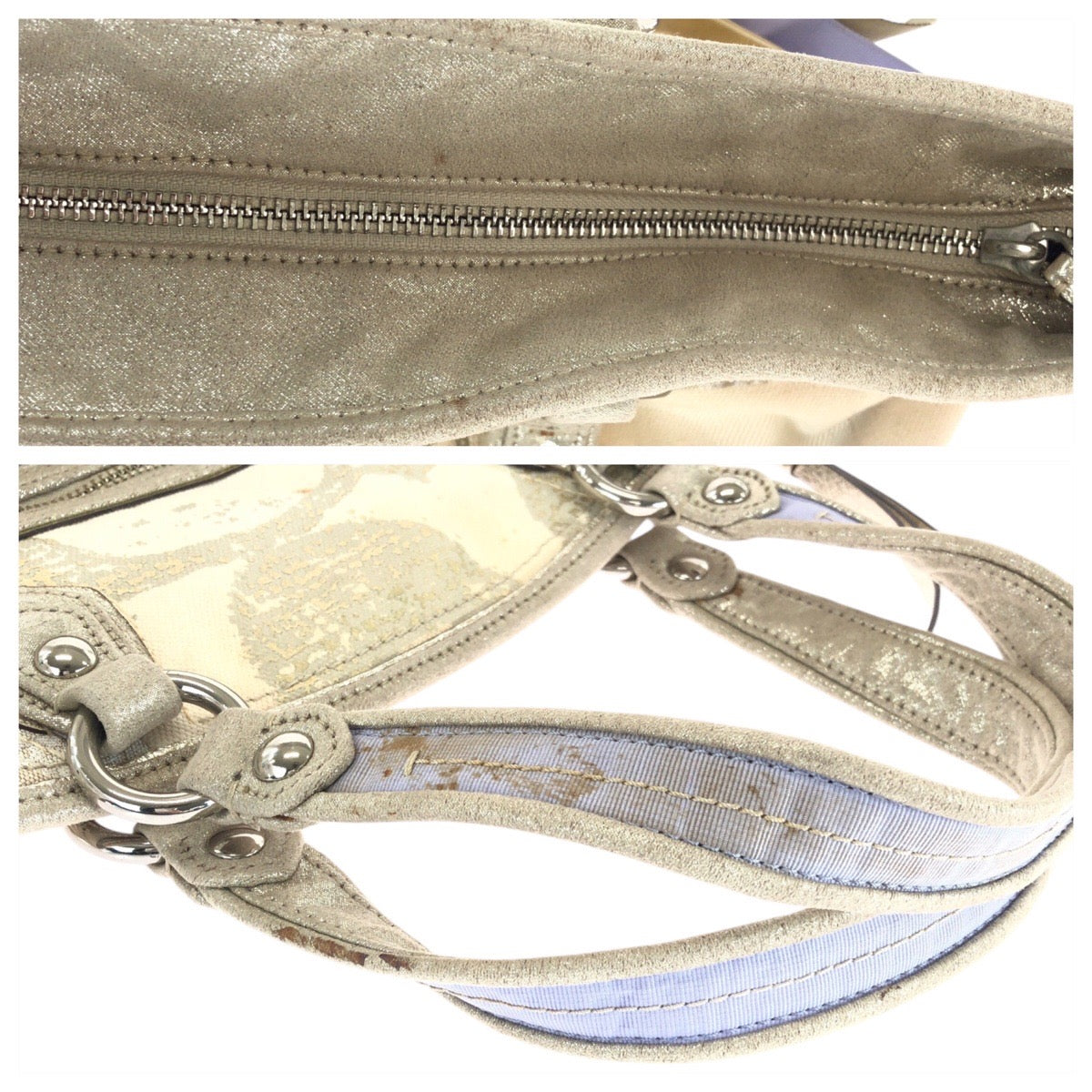 13640
 COACH Signature Patchwork Ivory Silver Hardware Canvas Tote Bag Handbag for Women