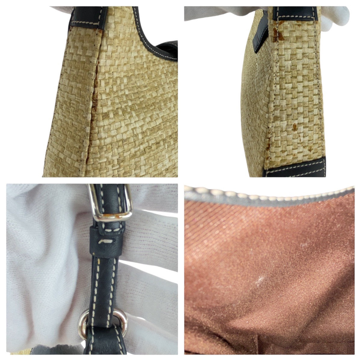 13641
COACH コーチ ベージュ ブラック シルバー金具 ストロー ショルダーバッグ ホーボー  レディース