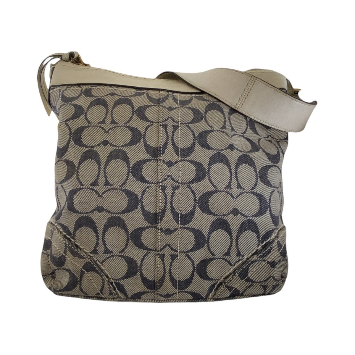 13642
COACH コーチ シグネチャー グレー ホワイト 白 ゴールド金具 キャンバス / レザー 斜め掛け ショルダーバッグ メッセンジャーバッグ レディース B5