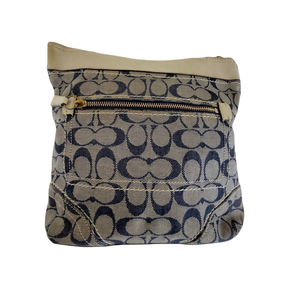 13642
COACH コーチ シグネチャー グレー ホワイト 白 ゴールド金具 キャンバス / レザー 斜め掛け ショルダーバッグ メッセンジャーバッグ レディース B5