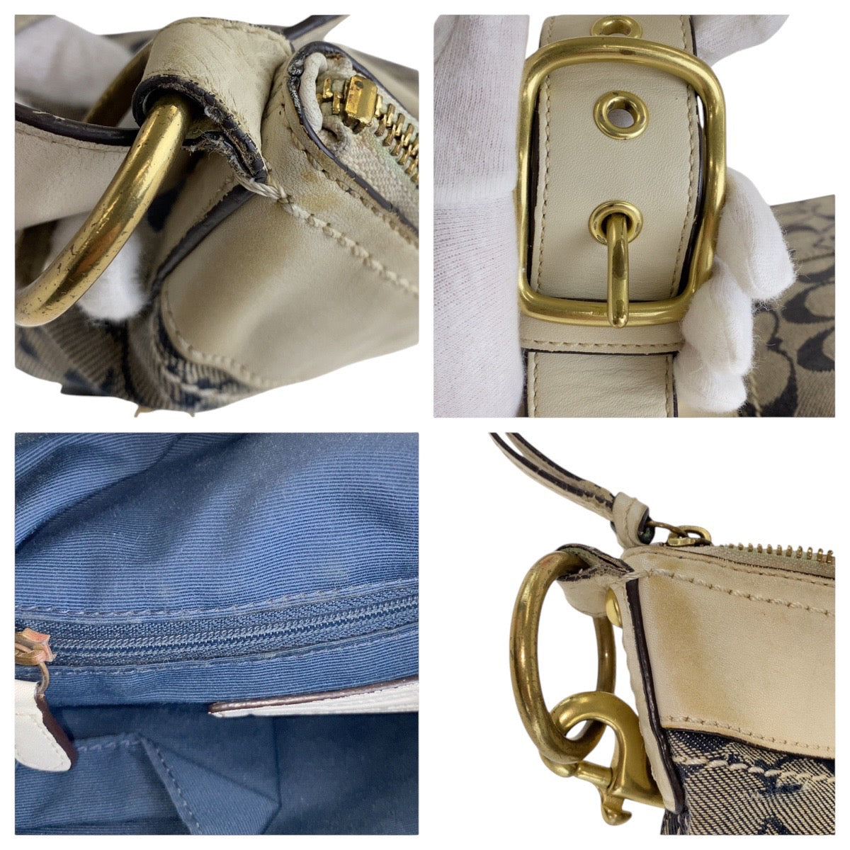 13642
COACH コーチ シグネチャー グレー ホワイト 白 ゴールド金具 キャンバス / レザー 斜め掛け ショルダーバッグ メッセンジャーバッグ  レディース B5