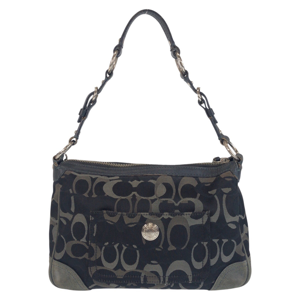 13643
COACH コーチ シグネチャー ブラック 黒 グレー シルバー金具 キャンバス / スウェード ショルダーバッグ  レディース