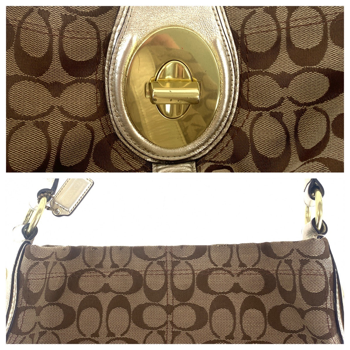 13645
COACH コーチ シグネチャー ベージュ ゴールド金具 キャンバス ショルダーバッグ  レディース