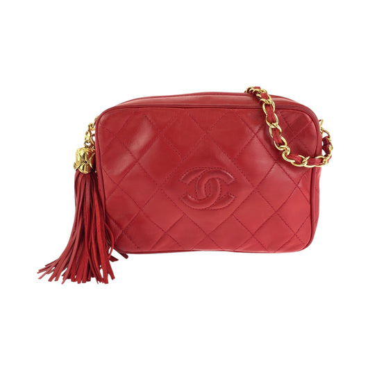 13646
CHANEL シャネル ヴィンテージ マトラッセ ココマーク フリンジ タッセル レッド ゴールド金具 ラムスキン ショルダーバッグ 肩掛け  レディース